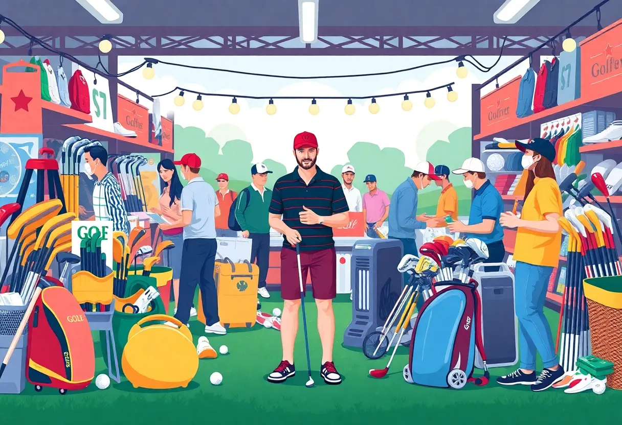 Illustration of a golf resale marketplace with diverse golfing equipment