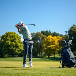 Golfer executing a perfect swing on a golf course.