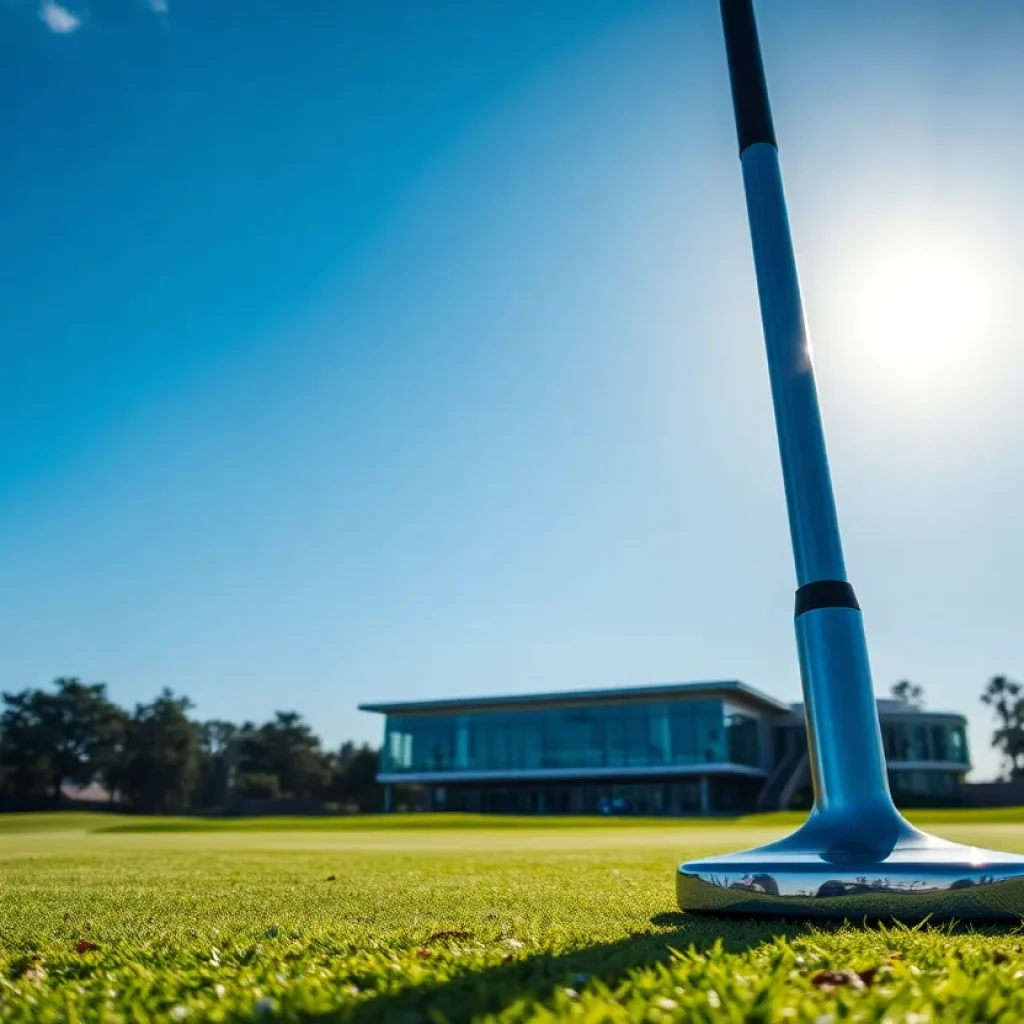 A set of high-end McLaren golf clubs displayed on a golf course.