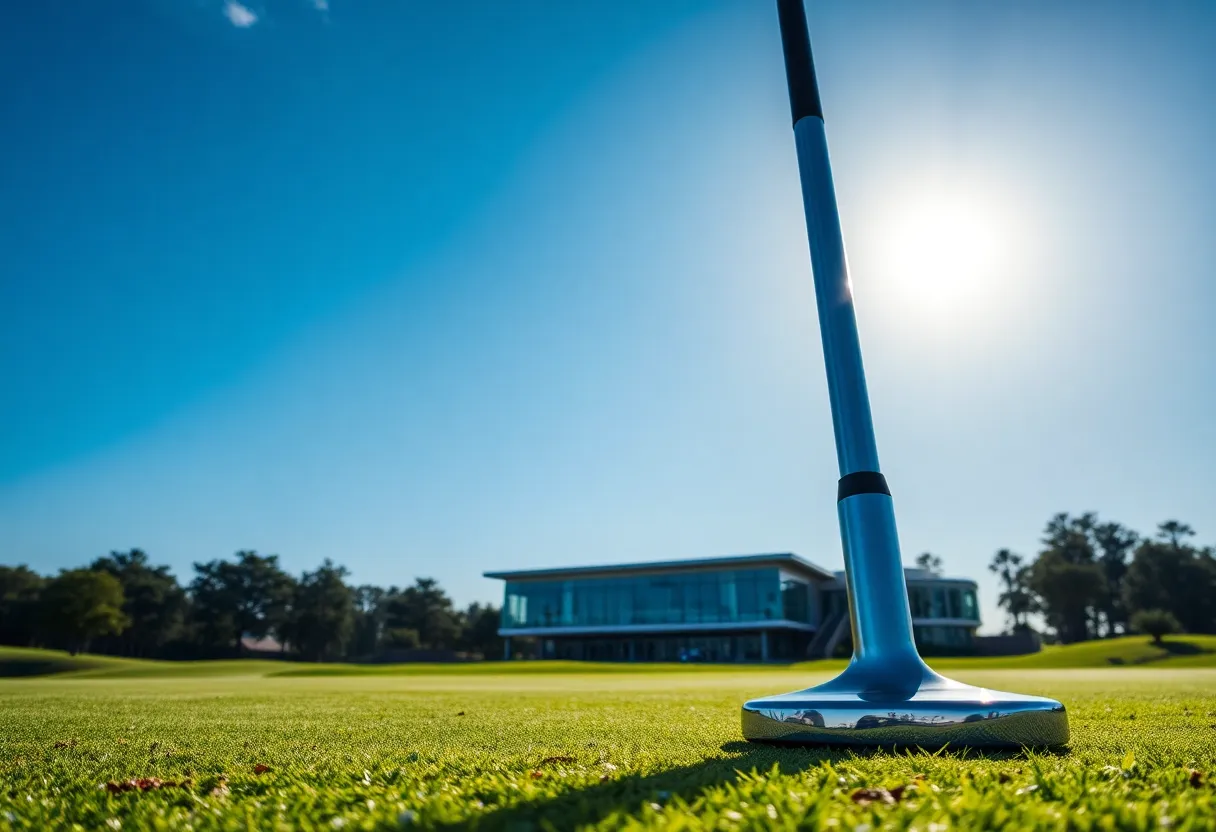 A set of high-end McLaren golf clubs displayed on a golf course.