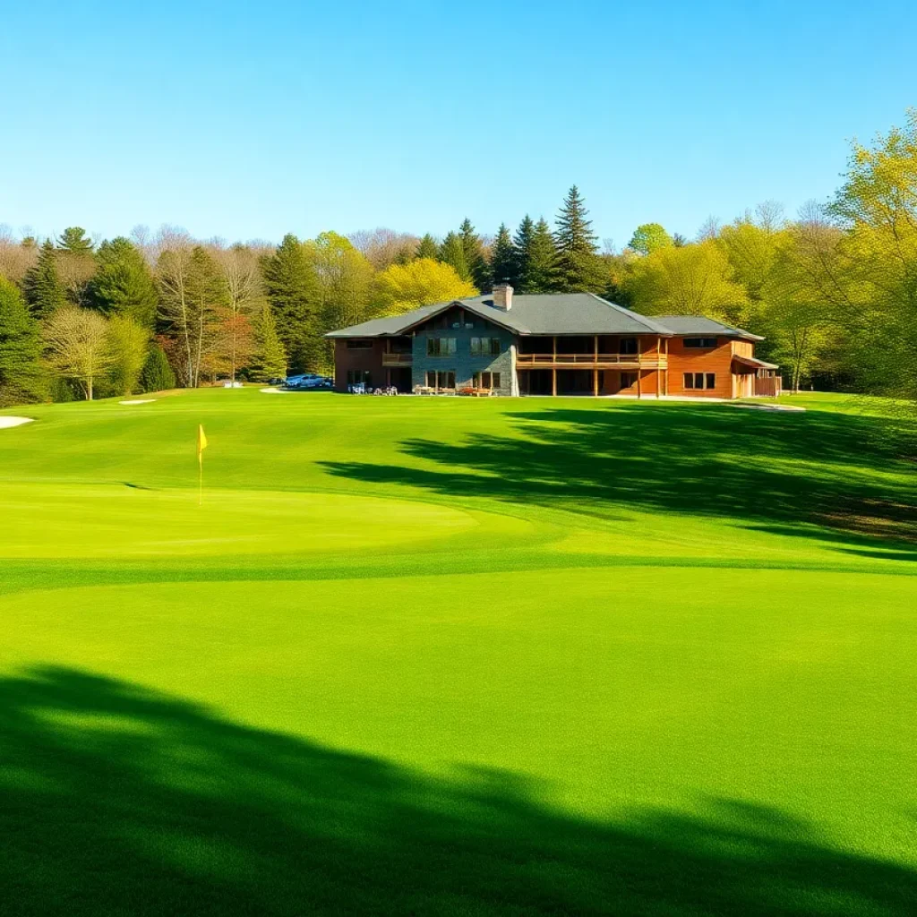 A golf course under renovation with green fairways and a new clubhouse.