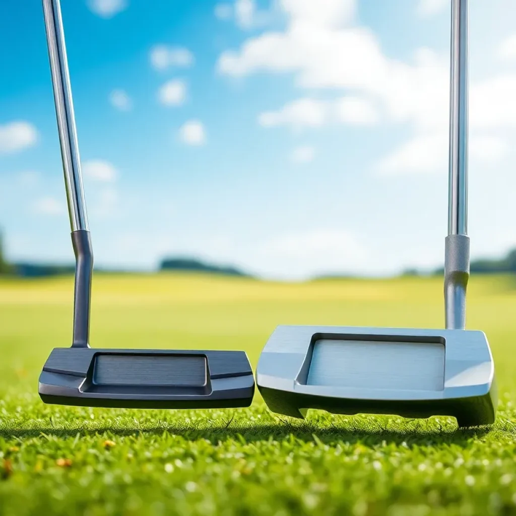 Various models of Systm2 putters displayed on a golf course.