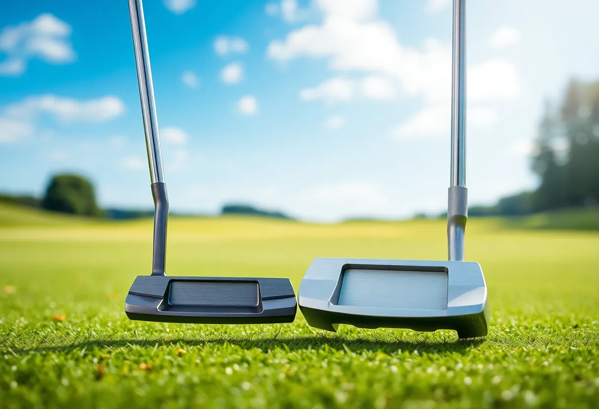 Various models of Systm2 putters displayed on a golf course.