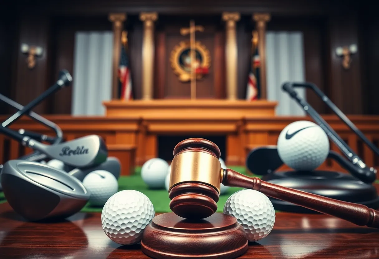 Courtroom scene depicting TaylorMade and Callaway conflict over golf balls