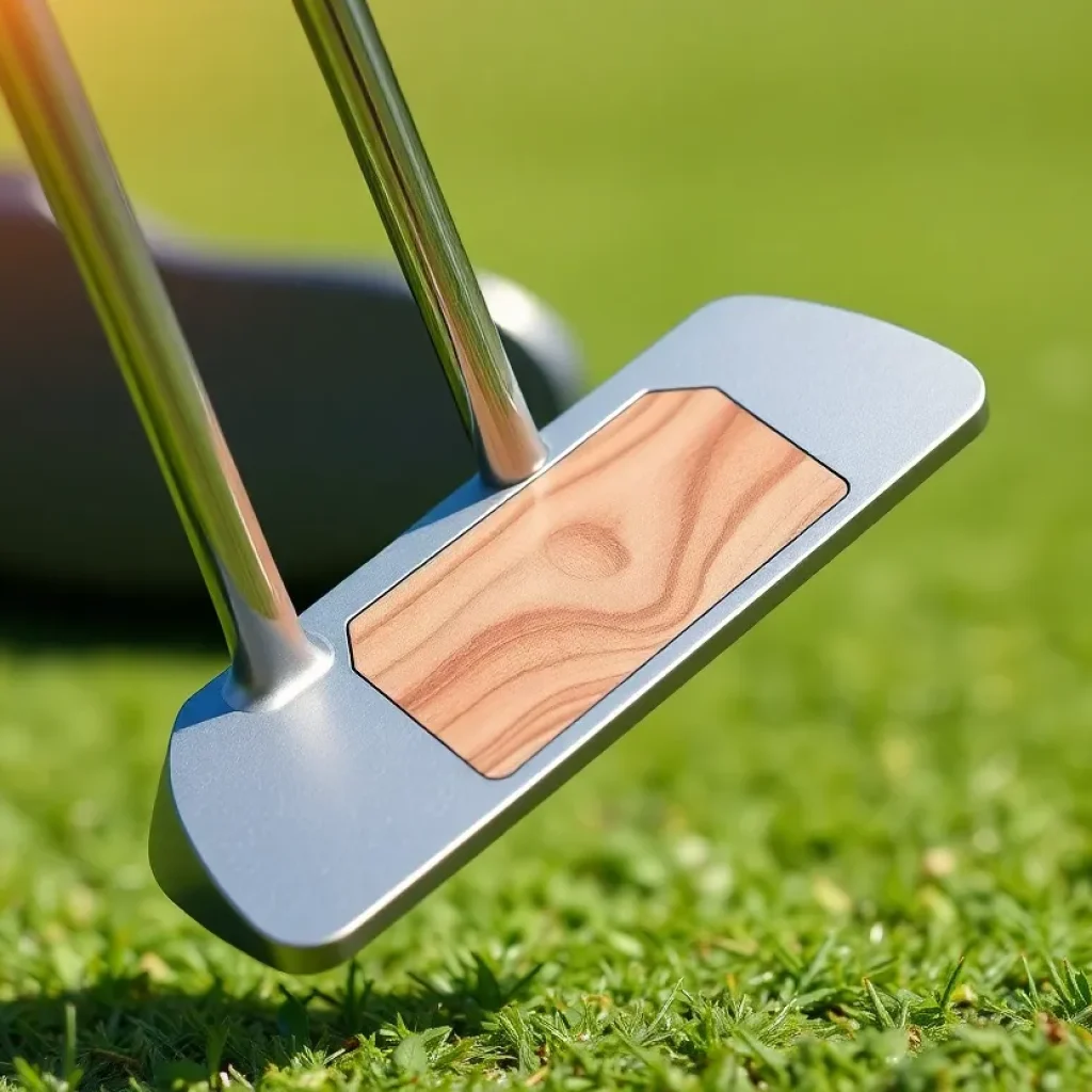 The Woody putter featuring a unique wooden face inlay on a golf course.