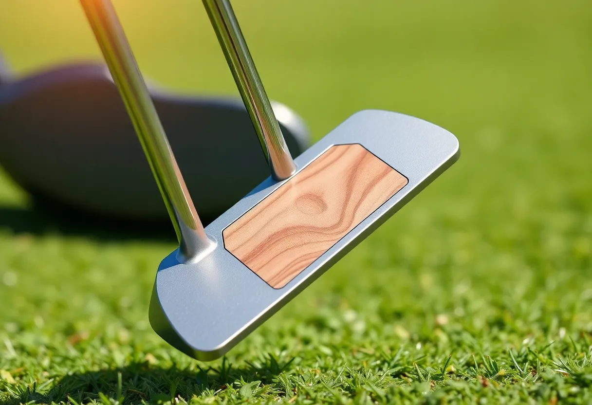The Woody putter featuring a unique wooden face inlay on a golf course.