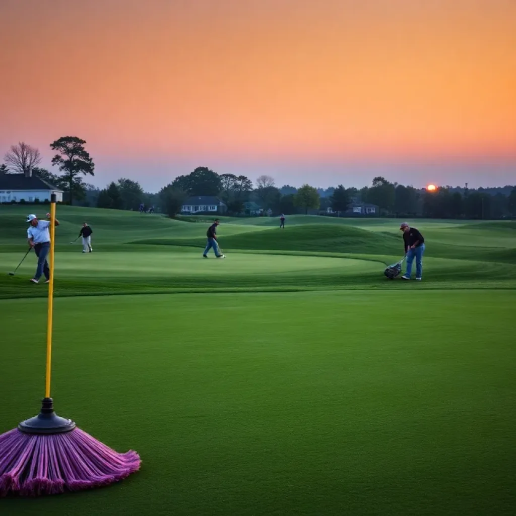 Staff working on Augusta National Golf Course during the evening