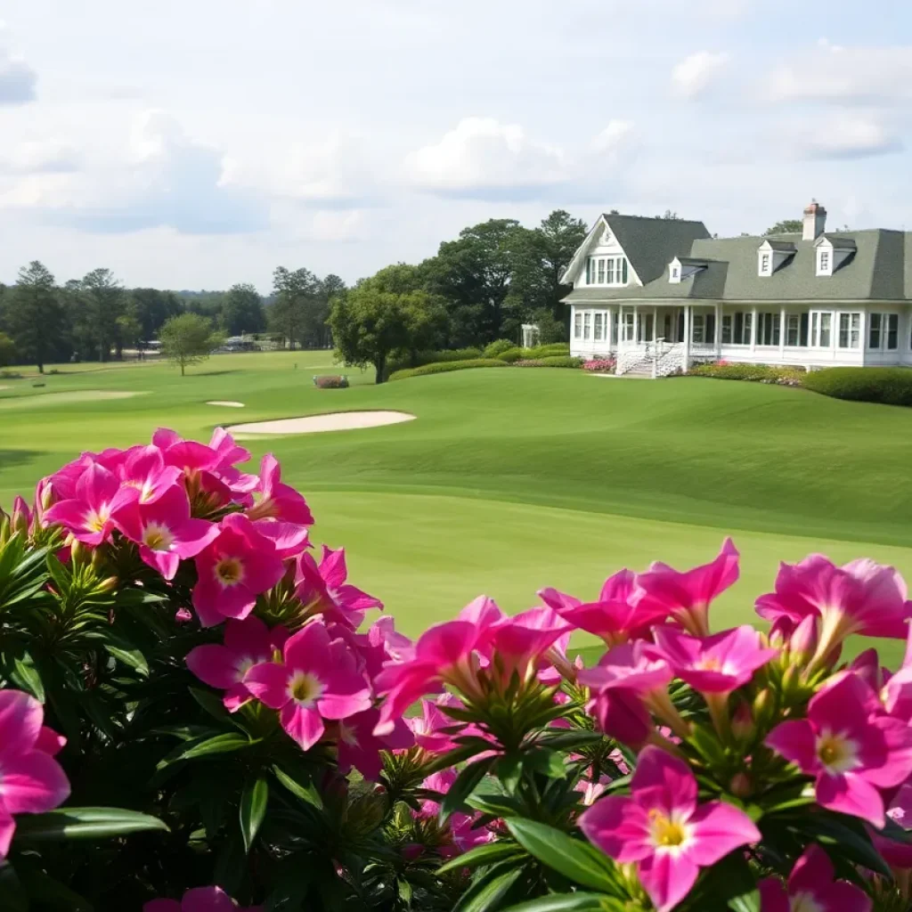 Lush greenery and iconic scenery of Augusta National during the Masters Tournament.