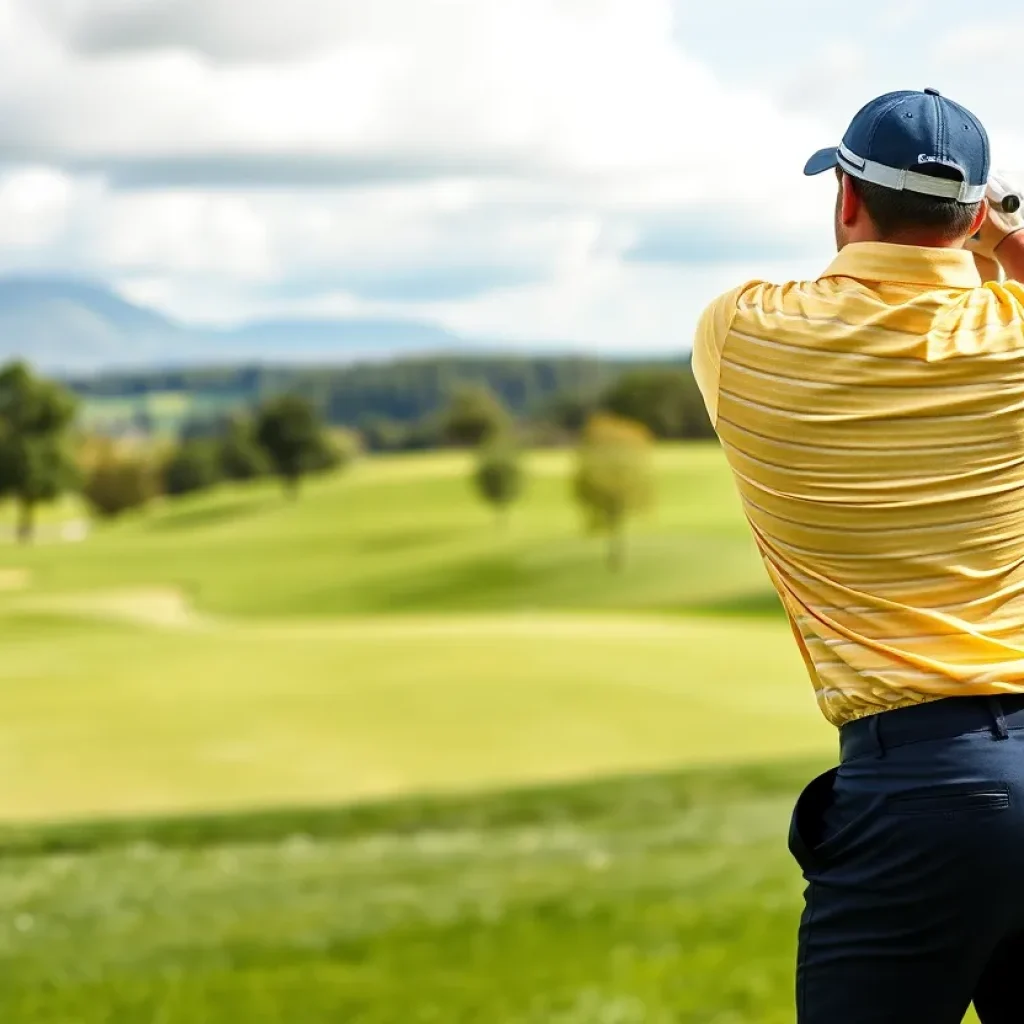 Golfer swinging the Cobra 3DP MB 5-Iron on a sunny golf course.