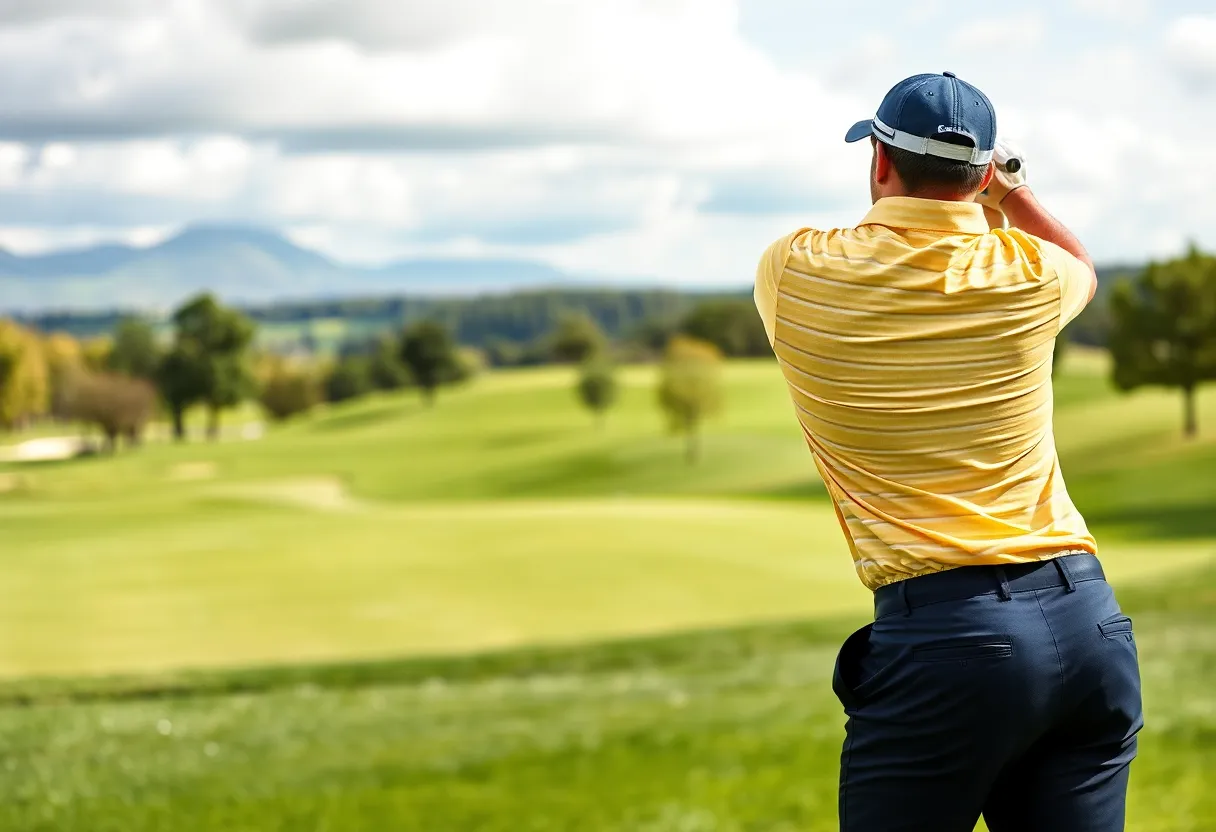 Golfer swinging the Cobra 3DP MB 5-Iron on a sunny golf course.
