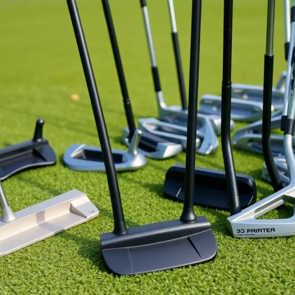Collection of COBRA Golf's 3D-printed putters and irons at a PGA Show