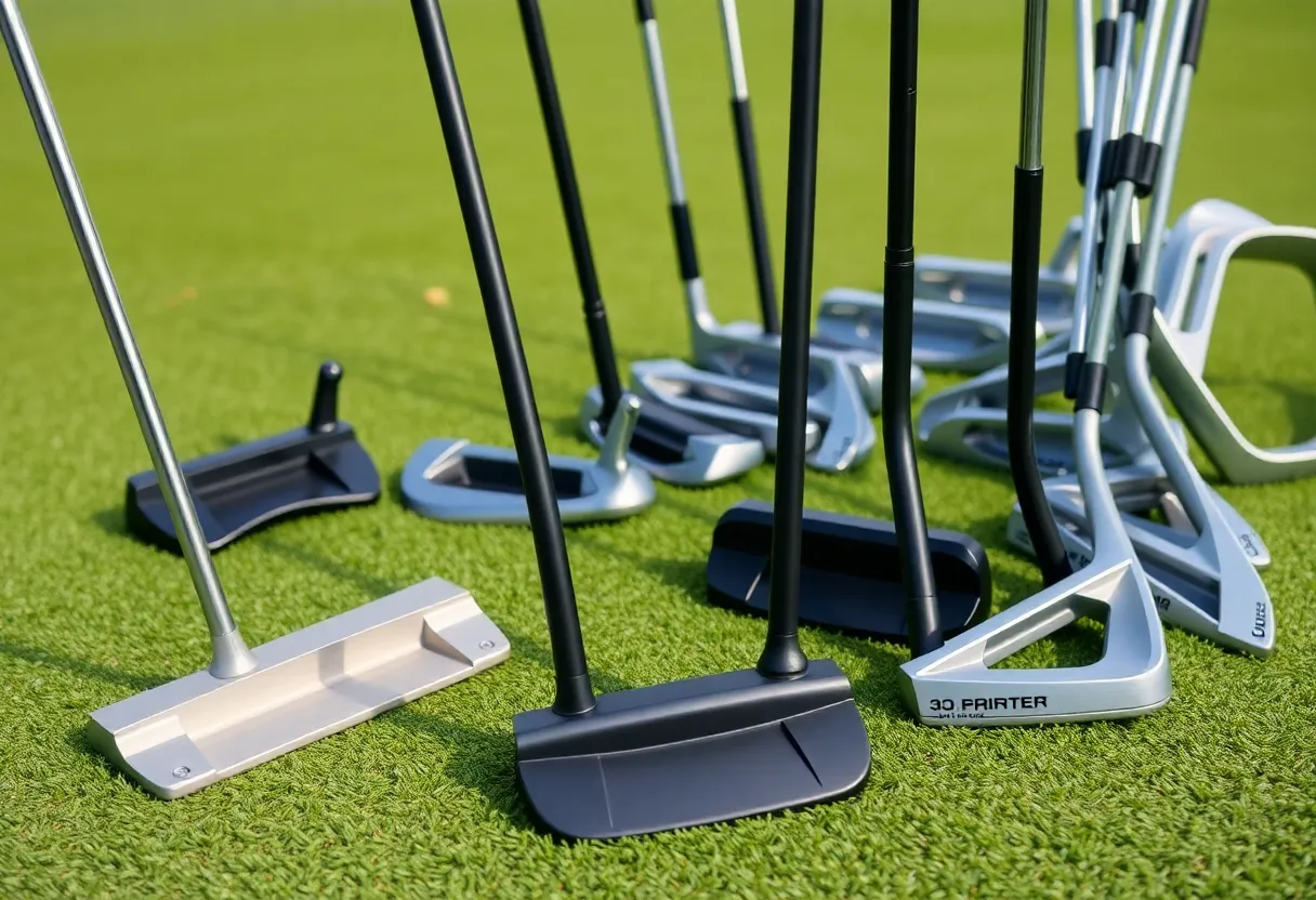 Collection of COBRA Golf's 3D-printed putters and irons at a PGA Show