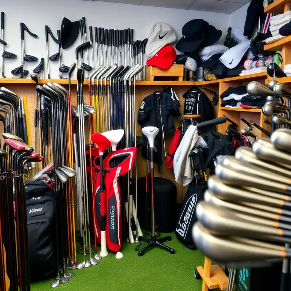 Workshop for creating custom golf clubs with various golf tools and equipment.