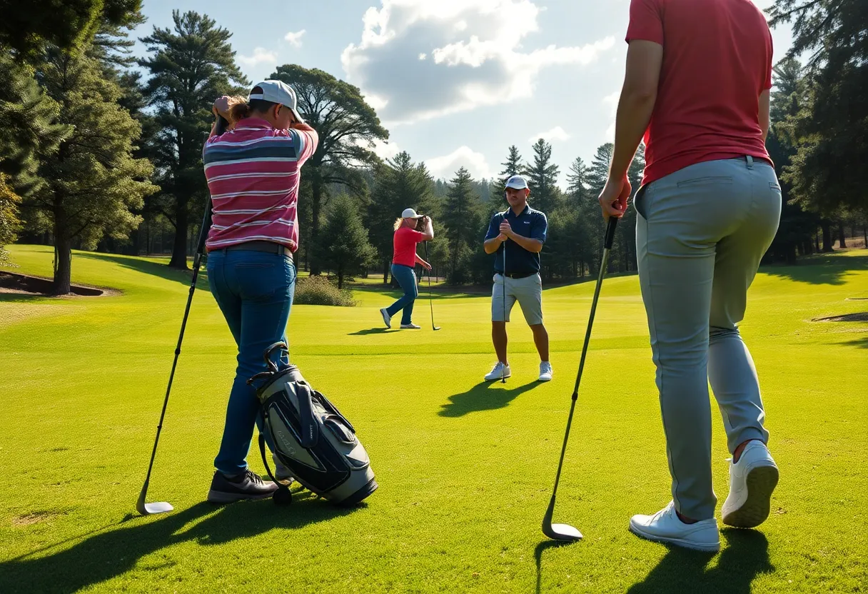 Golfers receiving custom fitting services on a golf course.