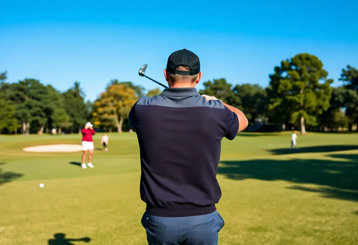 Two golfers competing in the Golf Digest Open Tournament on a sunny day.