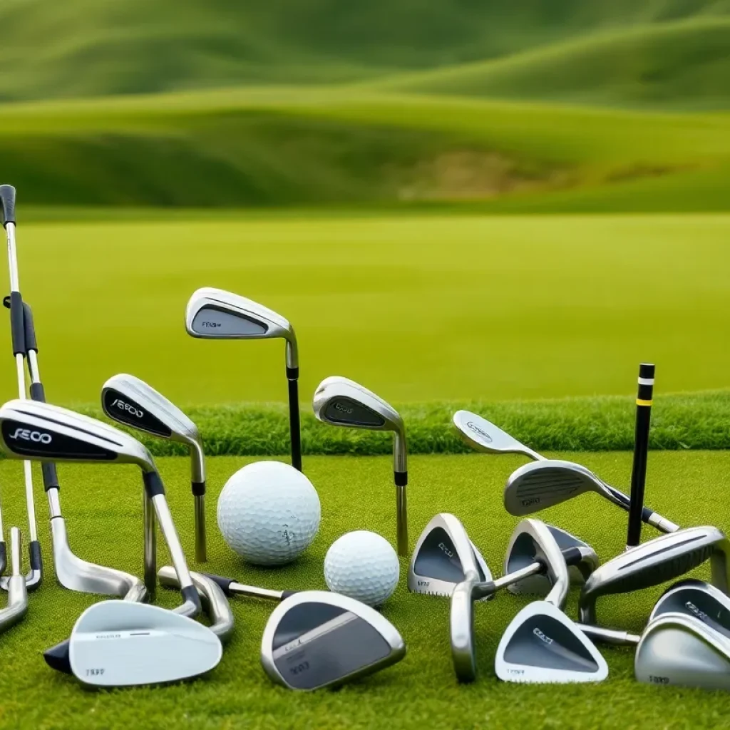 Showcase of innovative golf equipment including clubs and wedges on a golf course.