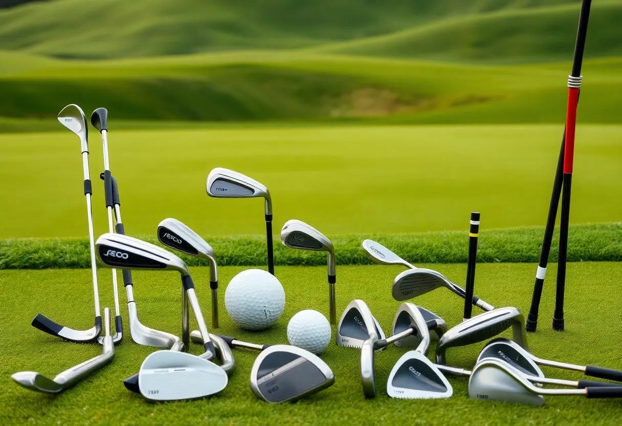 Showcase of innovative golf equipment including clubs and wedges on a golf course.