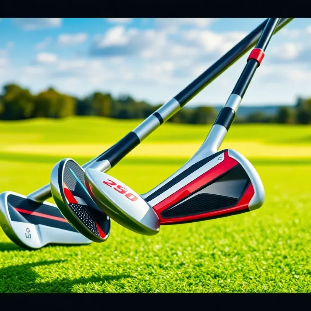 Golf clubs designed by McLaren Golf with a stunning golf course in the background.