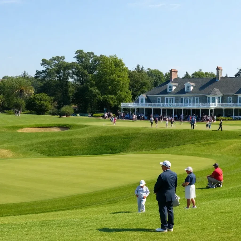 A stunning view of the Masters golf tournament showcasing the lush greens and traditional clubhouse.