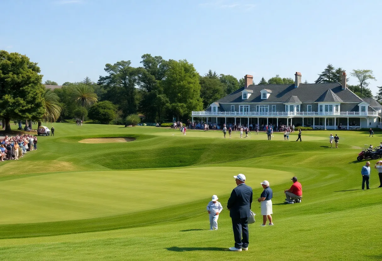 A stunning view of the Masters golf tournament showcasing the lush greens and traditional clubhouse.