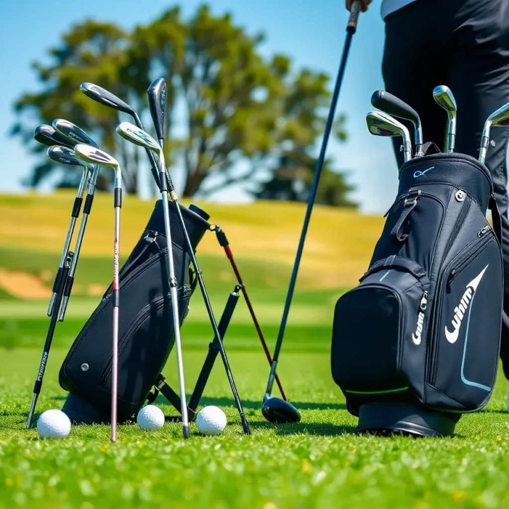 High-performance McLaren golf clubs and bags displayed on a golf course