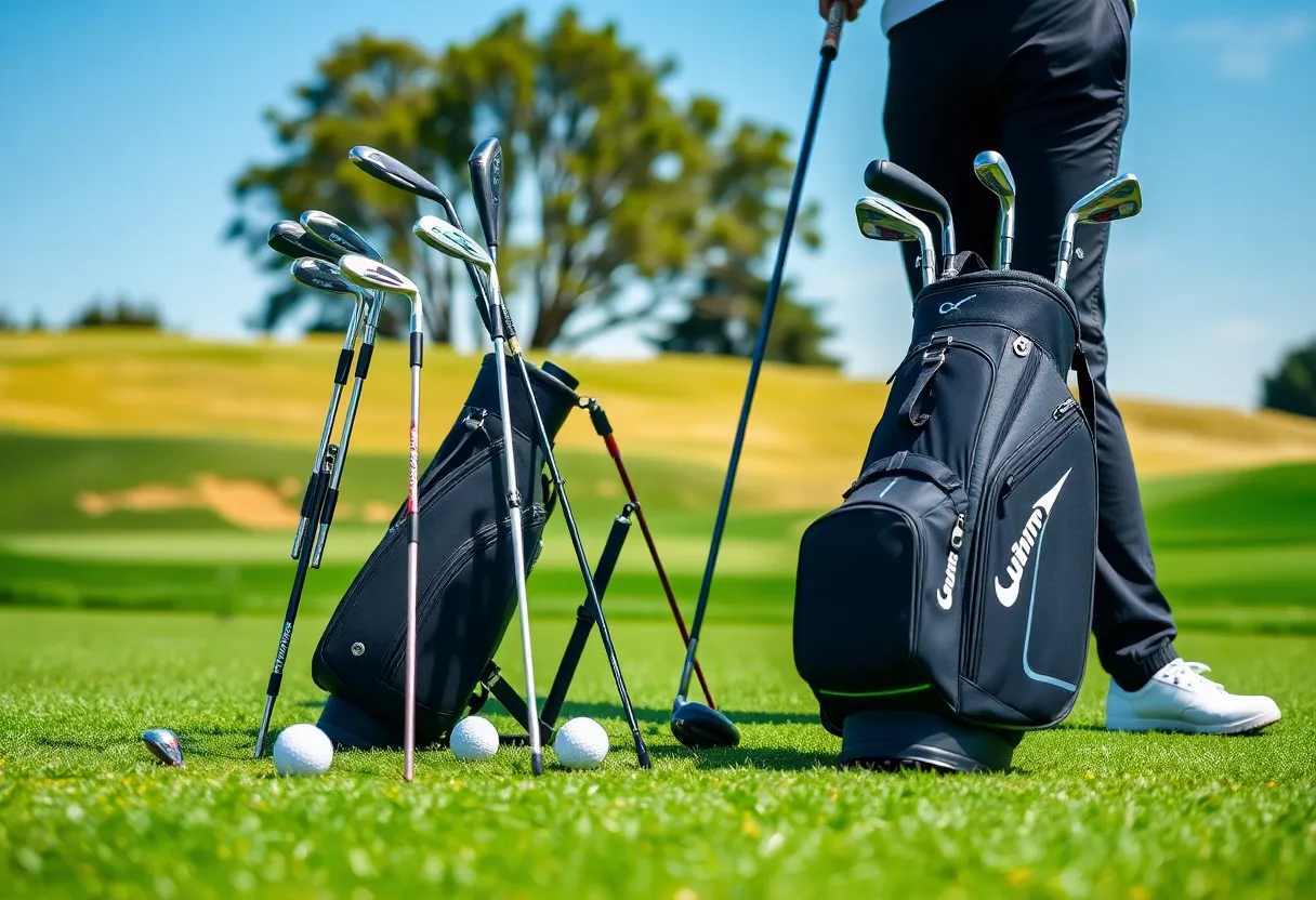 High-performance McLaren golf clubs and bags displayed on a golf course