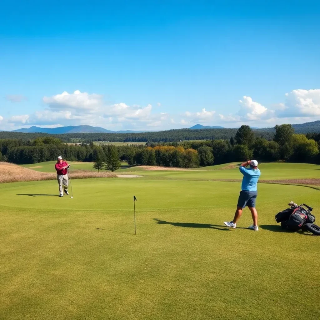 Golfers playing on a scenic course with modern equipment.