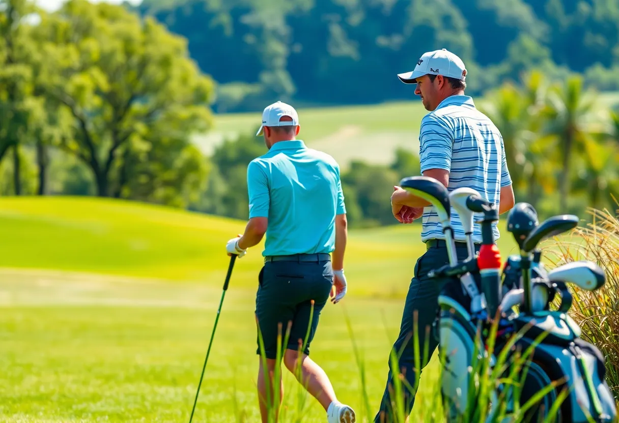 Professional golfers using high-quality golf equipment on the course.
