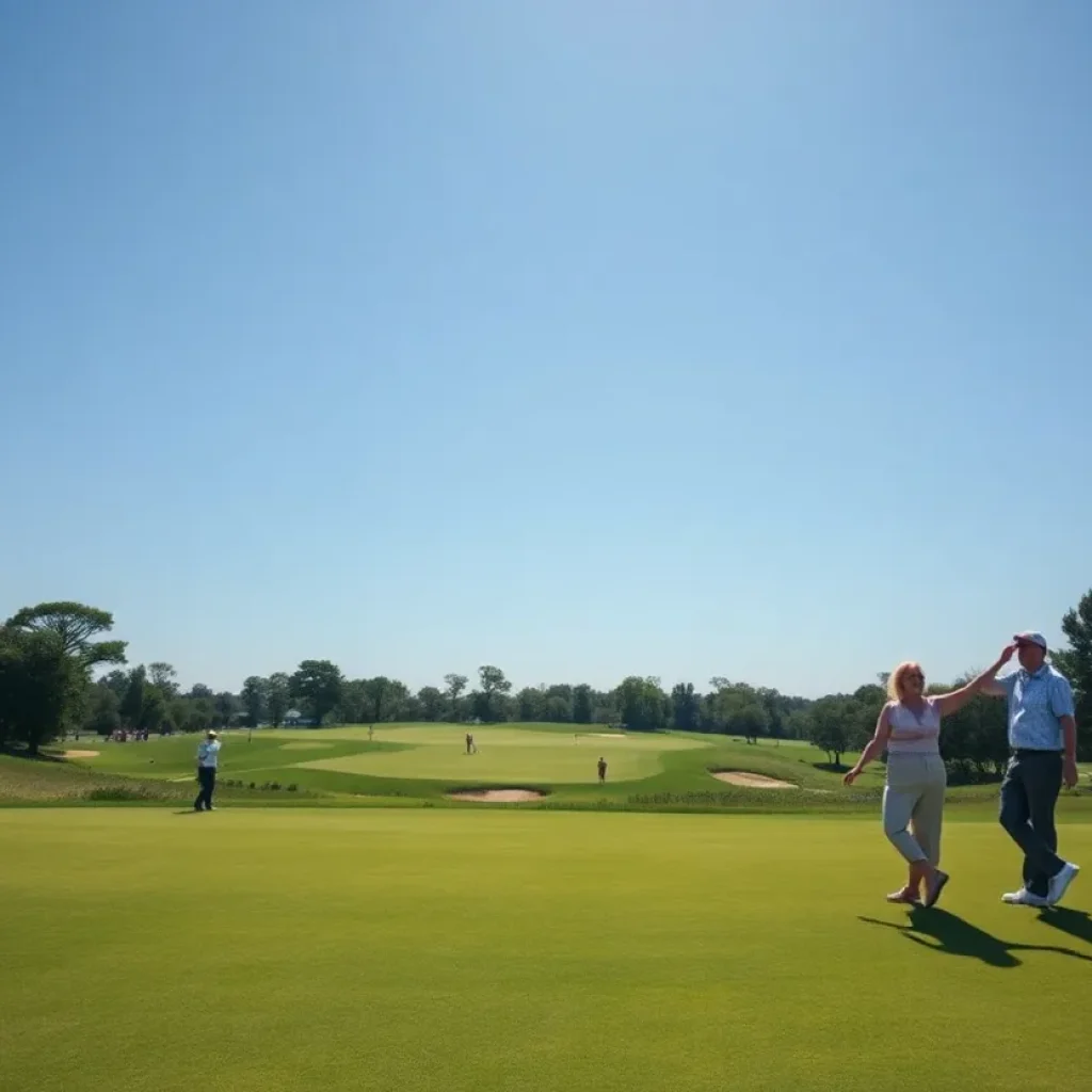 Wyndham Clark during the Masters Par 3 Contest with his caddie