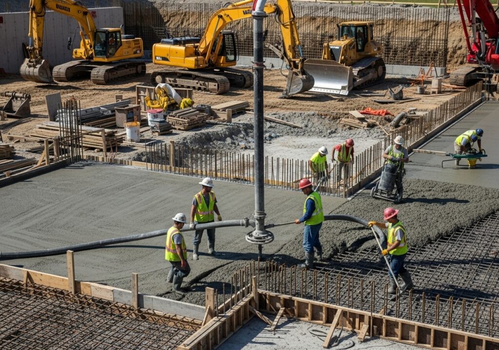 Denek Contracting crew pouring a concrete foundation slab on a Metro Detroit commercial site, multiple excavators and bulldozers in the background.