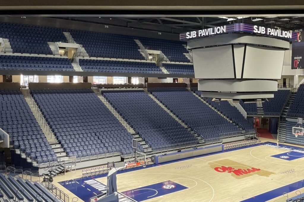 Indoor basketball court with hardwood floor