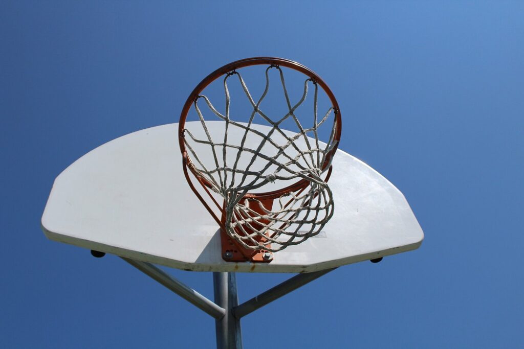 Basketball hoop against blue sky