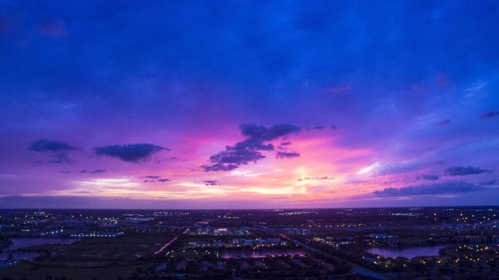 Colorful sunrise over a town